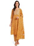 MIRCHI FASHION SOURBH Women's Straight Fit Cotton Laheriya Printed Embroidered Kurta Set with Dupatta and Trouser (K9766-Mustard, Beige-6XL)