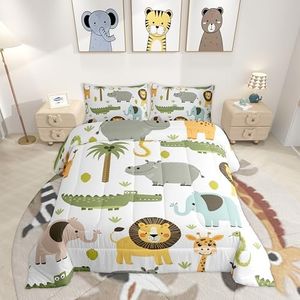 Feelyou Wild Animals Comforter Set Safari Animals Print Comforter for Boys Girls Teens Cute Hippo Crocodile Lion Bedding Set Kids Cartoon Elephant Giraffe Duvet Set Room Decor Quilt King Size Boys