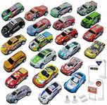 TOYABI Pullback Diecast Cars, 22Pcs Die Cast Metal Toy Cars with 8 Roadblock, Small Cars for Kids