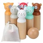 Navaris Wooden Skittles for Toddlers - Wood Bowling Set with Cute Animal Design - Ideal for Indoor/Outdoor Play - Suitable for 18m+ Children - Kids Garden Toys