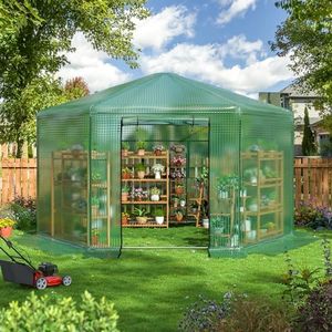 DAKITO 13.4x13.4x8.8 FT Walk-in Greenhouse, Heavy-Duty Metal Frame Greenhouse,180g Double Layer PE Cover, Indoor and Outdoor Green House Kit for Garden/Patio/Backyard/Balcony, Large Size…