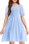 Arshiner Kid Dresses Ruffle Soft Short Sleeve Square Neck Midi Summer Casual Party Dress for Kid Blue 8-9Y