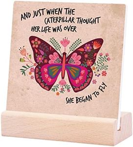 Inspirational Quotes Desk Decor Gifts For Women Girls Friends-Motivational Sign Ceramic Plaque With Wooden Stand-Cheer Up Gifts For Friends Women (She began)