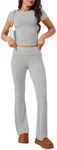 M_Eshop 2 Piece Set Women Outfit Lounge Sets Skims Short Sleeve Top And Flare Leggings Fold Over Yoga Pants Pajamas Set (CA/US, Alpha, Large, Regular, Regular, Light Gray)