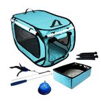 Pet Fit For Life Extra Large (32"x19"x19") Collapsible Cat Travel Kennel with Travel Litter Box for Cats and Bonus Cat Feather Toy and Collapsible Water/Food Bowl - Teal Checkers