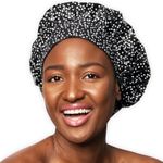 TIARA Shower Cap - Reusable & Waterproof Shower Cap for Women - Two-in-One Bathing Hair Cover for Dryness and Bonnet for Hair Care - For Straight and Curly Hair - Dots Black