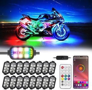 16 Pcs Motorcycle LED Light Kit, Magic RGB Motorcycle Lights with APP/RF Control Million Color Waterproof Motorcycle Lights with Music Mode Light Chasing Harley Davidson Kawasaki Suzuki Dirt Bike