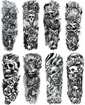 Skull Sleeve Tattoo Stickers Fake Black Skull Full Arm Temporary Tattoos Sleeves for Adult Kids Women Makeup, 8-Sheet