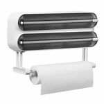 Quasziwa Magnetic Cling Film Dispenser and Cutter - Advanced 3-in-1 Wall-Mounted Kitchen Roll Holder, Refillable Plastic Wrap & Tin Foil Dispenser with Paper Towel Holder - Fits 12" Roll, Black