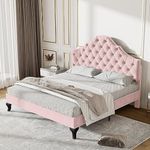 BTM Double Bed 135 * 190, Upholstered Bed with Slatted Frame and Height-adjustable Headboard, Velvet Bed