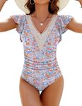 Blooming Jelly Womens Tummy Control Bathing Suits 2024 Cute One Piece Swimsuit V Neck Ruffle Lace Swimwear