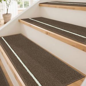 JSEI Stair Treads for Wooden Steps with Glow-in-the-Dark Stripe Indoor, Non-Slip Washable Carpet Stair Treads with TPE Backing, 15 Pack, 9" x 28", Brown