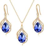 EVEVIC Austrian Crystals Teardrop Hollow Twisted Pendant Necklace Earrings for Women 14K Gold Plated Halo Drop Dangle Earrings Hypoallergenic Jewelry Set (Bermuda Blue)