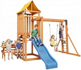SunSwell Wooden Swing Sets for Backyard- Outdoor Playset with 2 in 1 Outdoor Table, 6FT Wave Slide, Climbing Wall, and Belt Swing, Playground Sets with Monkey Bar
