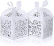 DOYIDE 100pcs Laser Cut Favor boxes, Wedding Favors Candy Boxes with Ribbons and Tags, Small Gift Boxes for Wedding,Party,Baby Shower,Bridal Shower (100-2x2x2.76", White)