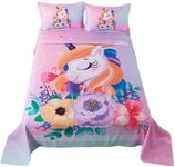 ADASMILE A & S 4 Pieces Unicorn Sheets Full for Girls Unicorn Fitted Bed Sheet for Kids Pink Floral Unicorn Bed Set (1 Flat Sheet + 1 Deep Pocket Fitted Sheet and 2 Pillowcases) Home Bedroom Decor