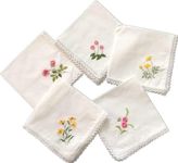 5 X 100% Cotton Ladies Handkerchiefs Vintage Floral Style Lace Edging, Wedding, Party Embroidery Women's Flower Hanky