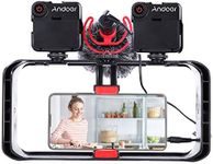 Andoer Smartphone Video Rig Kit Including Smartphone Cage with 3 Cold Shoe Mounts + 2pcs Mini LED Video Lights + Microphone with Shock Mount Wind Screen for Vlog Video Recording Live Streaming