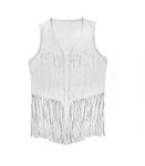 Women Vintage Western Fringe Vest Cowboy Cowgirl Clothes 70s Hippie Vest Tassel Country Concert Fringe Tops Shirts, White, Medium