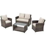 EVRE Cedar Brown 4 Seater Rattan Garden Conservatory Patio Furniture Sofa Armchair Roma Set with Glass Top Coffee Table Wicker Weave Sofa and Cushions