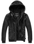 wantdo Men's Faux Leather Jacket with Removable Hood Motorcycle Jacket Casual Warm Winter Coat, Pure Black(thick), Medium