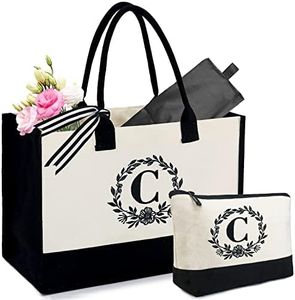 BeeGreen Initial Canvas Tote Bag for Women Personalized Gifts for Birthday Mother, Black and White, L 码（大码）, C With Cosmetic Pouch