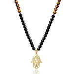 COAI Hamsa Hand Black Obsidian Tiger Eye Stone Beaded 108 Mala Necklace