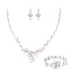 EVER FAITH Bridal CZ Jewelry Set, Simulated Pearl Marquise Flower Filigree Necklace Earrings Bracelet Set Pink Silver-Tone