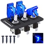 Taiss/3 Gang Rocker Toggle Switch Panel With 12V LED Light Toggle Switch 20A Heavy Duty Racing Car SPST 3Pin ON/Off Blue LED Illuminated Switch Plate And Blue Waterproof Safety Cover ASW-07DBUBUMZ-BZ
