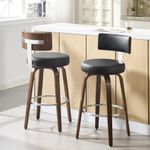 Bekrvio Swivel Counter Height Bar Stools Set of 2, Faux Leather Kitchen Stools Upholstered Barstools with Back, Walnut Wood Legs, Mid Century Island Chairs Counter Stools, 26" Seat Height, Black