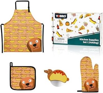 YOBRO Oven Mitt Kitchen Cooking Set- Fun Kitchen Tool Kit with Oven Mitt, Apron and Pot Mat with Mini Sausage Hotdog Design,Including Hotdog Pizza Cutter