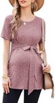 Ekouaer Maternity Shirts Maternity T Shirts Workout Tops Cute Casual Short Sleeve Pregnancy Shirts Loose Flowy Rib Knit Pregnant Clothes for Work Blush Pink Medium