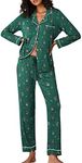 Ekouaer Pajamas Women's Long Sleeve Sleepwear Soft Button Down Loungewear Pjs Set Nightwear XS-XXL, Christmas Green with Elk, X-Small