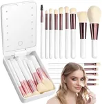 Travel Makeup Brush Set with LED Mirror, Professional and Mini Makeup Brushes Set 14Pcs, Eye Shadows Makeup Set Storage Box (White Gold)