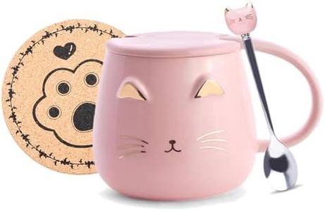 Pink Ceramic Coffee Mug Cute Cat Cup Handmade Tea Cups with Stainless Steel Spoon Kitty Cup,Hot Chocolate Novelty Mugs Christmas Birthday Gift for Girls Women (Pink)