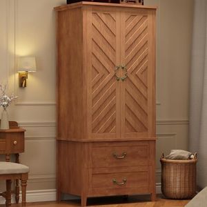Garvee V Shape Tall Storage Cabinet, 71" Floor Wooden Farmhouse Storage Cabinet with 2 Doors and 2 Drawers, Large Space & Thick Sturdy Frame with Hanging Rod for Entryway, Home, Office, Rustic Brown