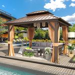 MELLCOM 3x3.6M Hardtop Gazebo, Metal Double Roof Aluminum Gazebos with Curtain and Netting, Brown Permanent Galvanized Steel Pavilion for Patio, Lawn & Deck