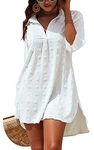 AUBIG Womens Beach Cover Up Fashion Summer V Neck 3/4 Sleeve Chiffon Cover-Up Smock Solid Color Jacquard Shirts Dress Swimwear Casual Loose Bikini Coverup Beachwear Swimsuit White S