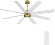 WINGBO 72" Large DC Ceiling Fans without Lights, 3 Downrods, 8 Plywood Blades, 6-Speeds Reversible DC Motor, Indoor Ceiling Fan No Lights for Bedroom Living Room Patio, Brass and White