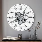 Lafocuse 23 Inch Wooden Real Moving Gears Wall Clock White,Large Farmhouse Wall Clock for Living Room Decor,Steampunk Clock Vintage Rustic Kitchen Clock,Industrial Clock with Moving Gears-Version 2.0