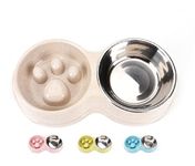 JACKO & CO - Double Slow Feeder - Food and Water Bowls for Pets - for Small and Medium Dogs, Puppies, Cats - Removable Stainless Steel Bowl - Non Slip - Anti Choke - Easy to Use (Beige)