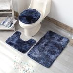 DAZZLEEX 3-Piece Bath Mat Sets Non Slip Bath Rugs And Pedestal Mats Bathroom Rugs Set Mat Contour With Toilet Lid Cover(Navy)