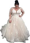 HellodayZ Women's Plus Size Wedding Dress for Bride Long Sleeve Lace Applique Wedding Bridal Gowns, White, 22 Plus