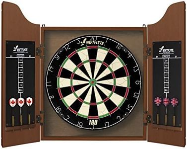 Swiftflyte Classic Cabinet and Bristle Dartboard Set with Staple-Free Bullseye, Rotating Number Ring, Tightly Packed Sisal Board, High Tensile Round-Wire, Includes 2 Sets of Brass Steel Tip Darts