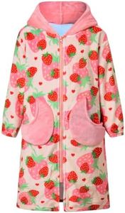 Funnycokid Girls Robes Size 7-8 Strawberry Kids Bathrobe 9 Zip Hooded Bath Robe Soft Fleece Sleepwear Long Sleeve Plush Pajamas