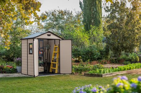 Keter Manor 6x5 ft Outdoor Garden Shed – Wood-Effect Resin, Double Doors, Beige/Brown