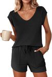 Ekouaer Pajama Sets for Women 2 Piece Comfy Short Sleeve Sleepwear Tops and Shorts Cute Pjs Lounge Set,Black,X-Large