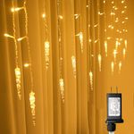 CHMEFLY Curtain Lights, Icicle Twinkle String Light, 400 LED Plug in 8 Modes Fairy Lights with 48 Drops for Xmas,Thanksgiving, Wedding, Party,Eaves, Decoration Outdoor Indoor (Warm White)