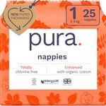 Pura Eco Baby Nappies - Size 1 (2-5kg / 4-11lbs), 1 Pack (25 Nappies), Newborn Nappies for Sensitive Skin, Organic Cotton, Wetness Indicator, Umbilical Cord Cutout, New Size Guide