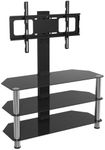 MAHARA Glass Corner TV Stand - with Column - Black & Silver Floor stand with built-in Mount for up to 60 Inch TV - Universal VESA Mount included